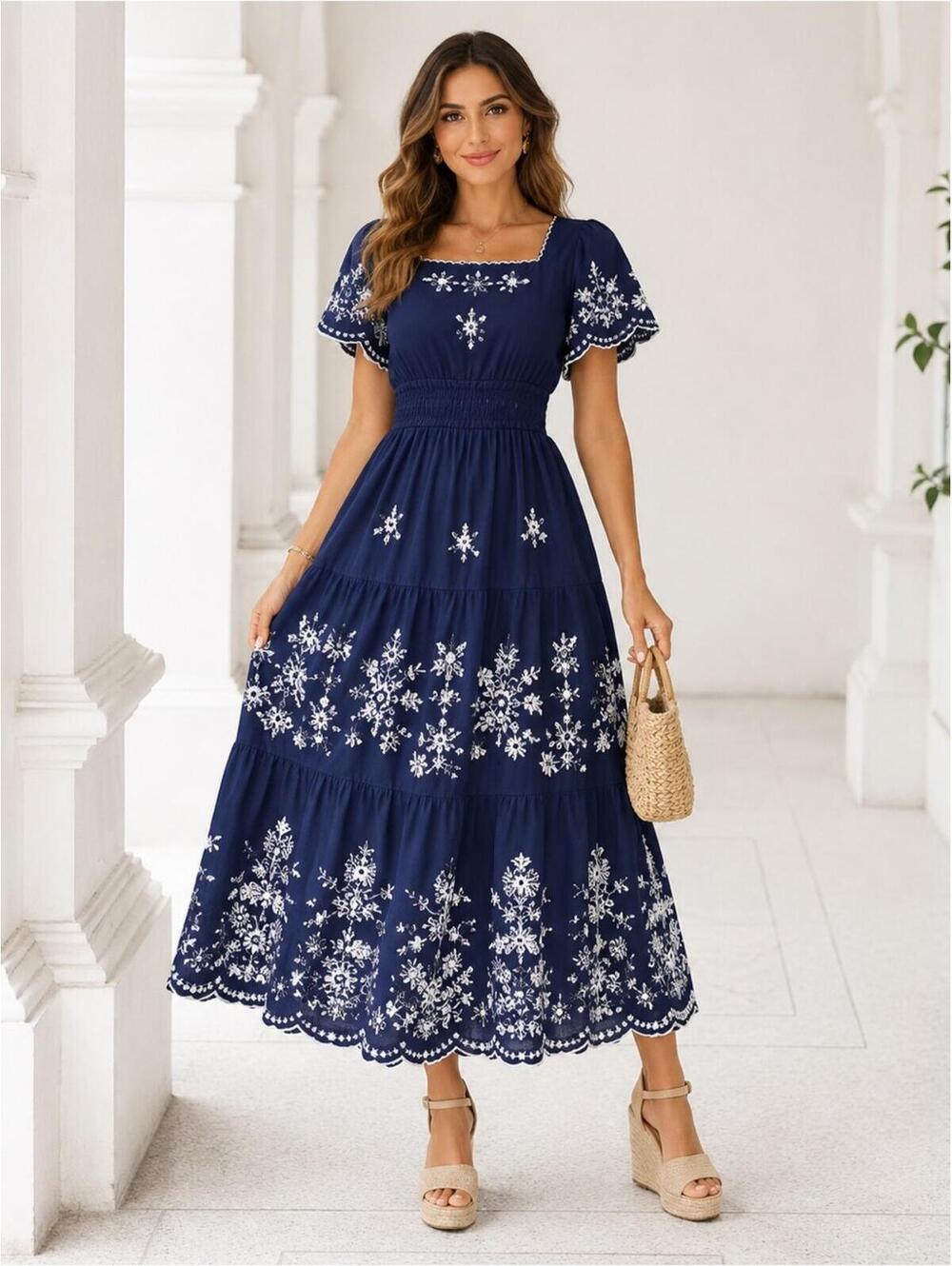 NEW  Boho Embroidered Navy Blue with White Flowers Maxi Dress